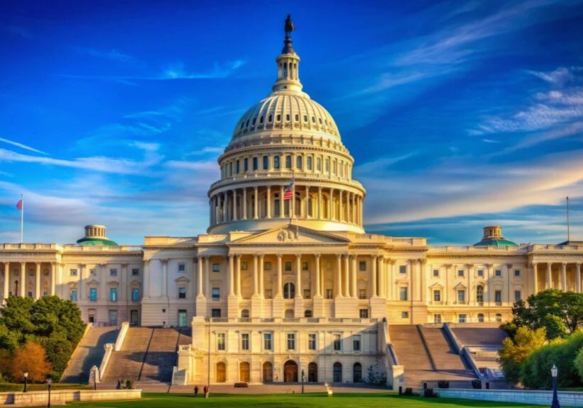 Majestic neoclassical architecture of iconic government building with dome and columns set against a clear blue sky in Washington DC.